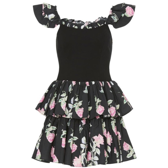 🩷LOVESHACKFANCY DRESS TIERED RUFFLE BLACK PINK ROSE PRINT STRETCH 10🩷 - Picture 2 of 8